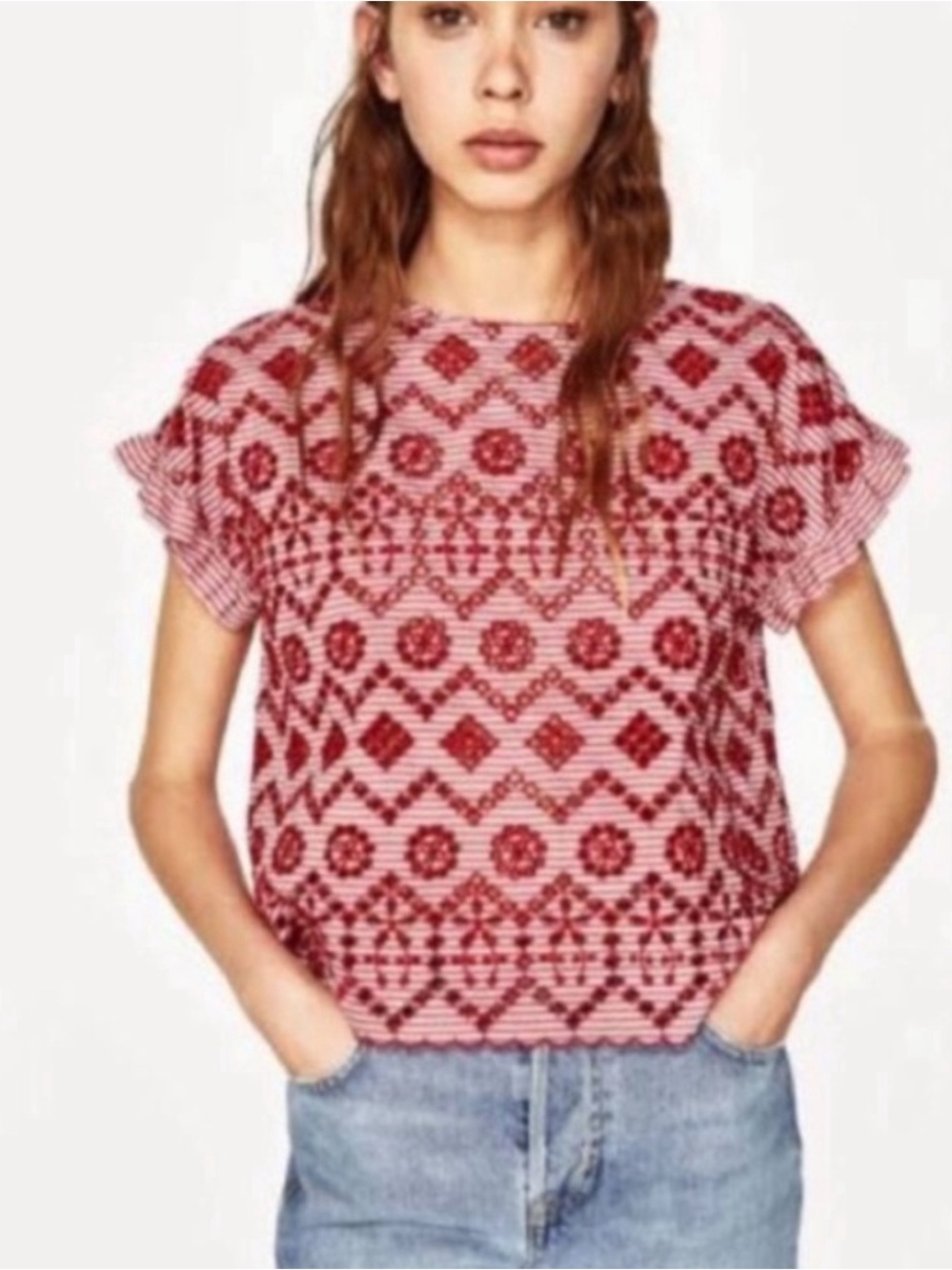 Zara Red & White Striped Embroidered Eyelet Short Sleeve Top - Size M